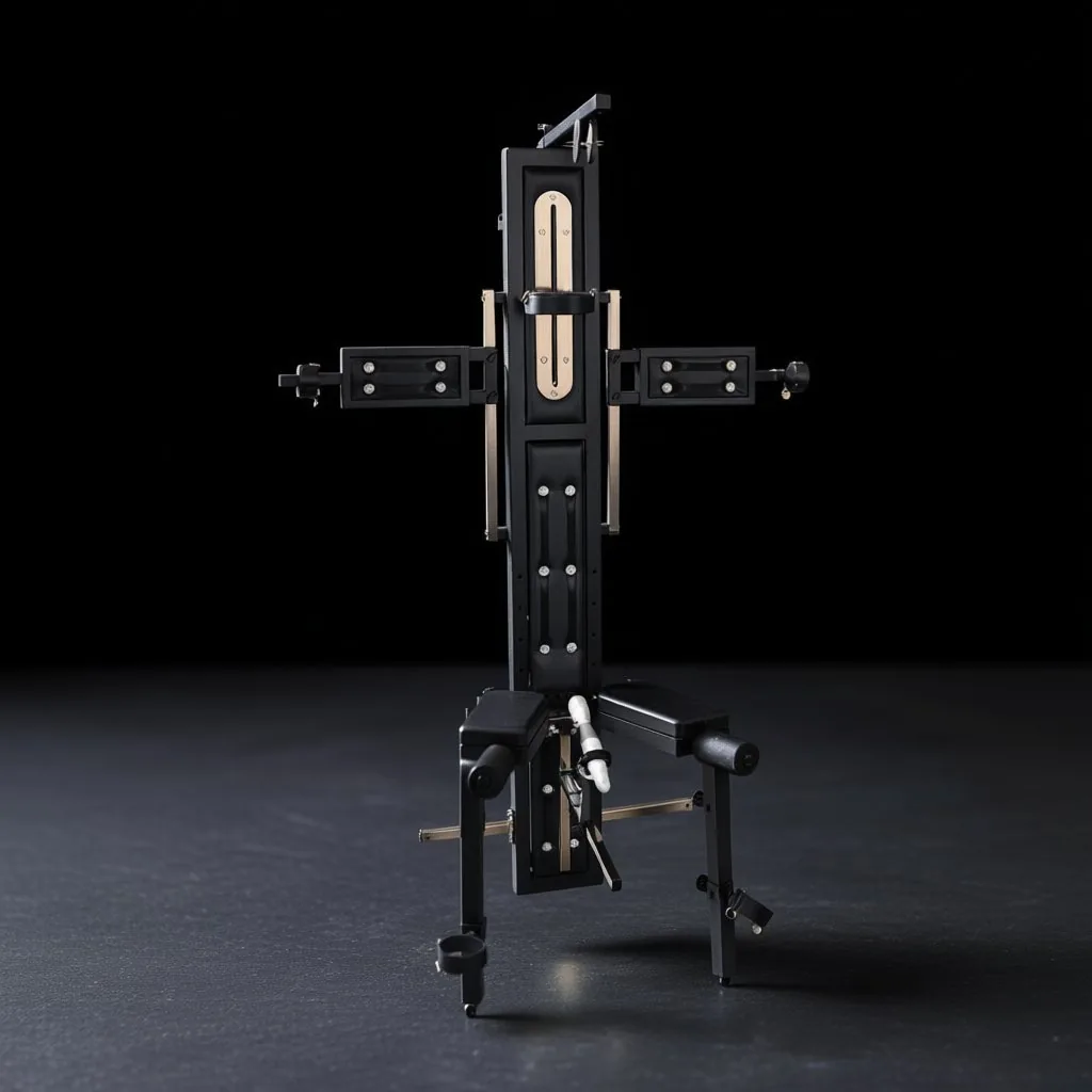 Atlas Adjustable Metal Cross Station — Black powder-coated steel · padded panels