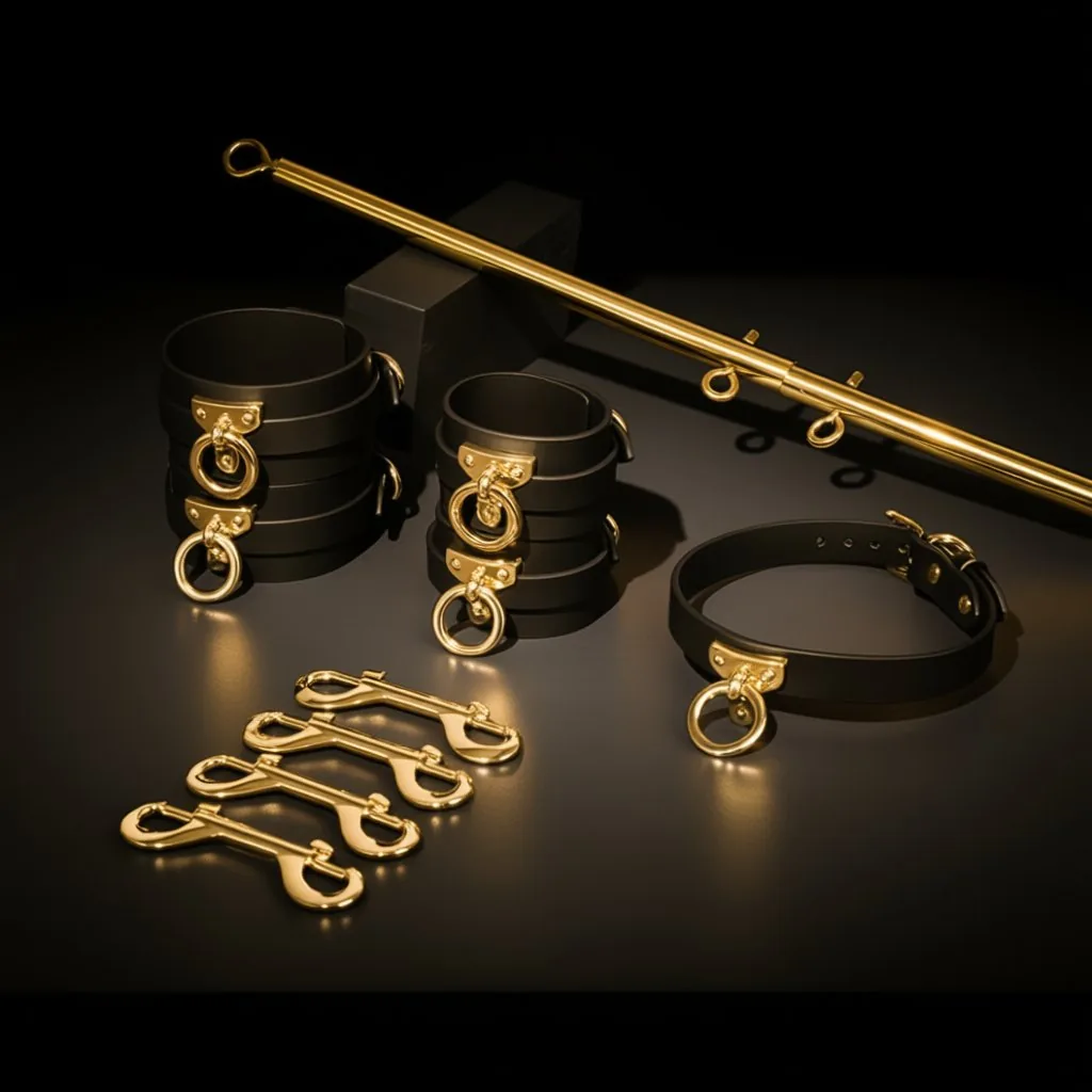 Meridian Spreader Bar Kit, bar, four cuffs, collar — 304 stainless bar · full-grain leather cuffs